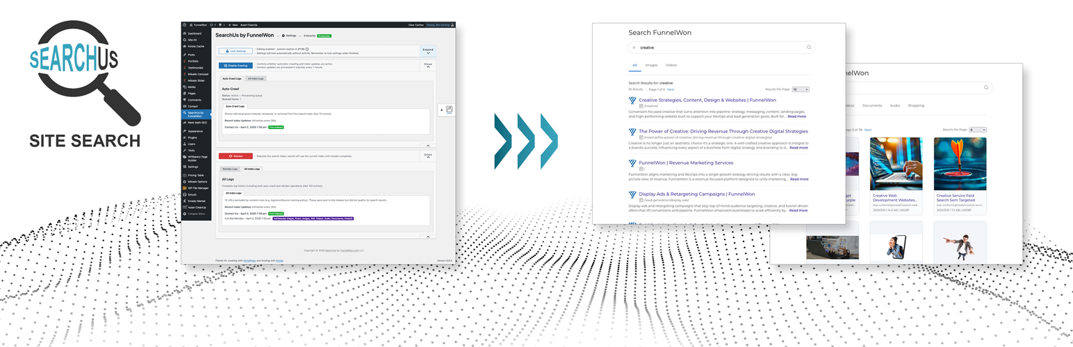 SearchUs site search: the WordPress plugin, then search results on a site