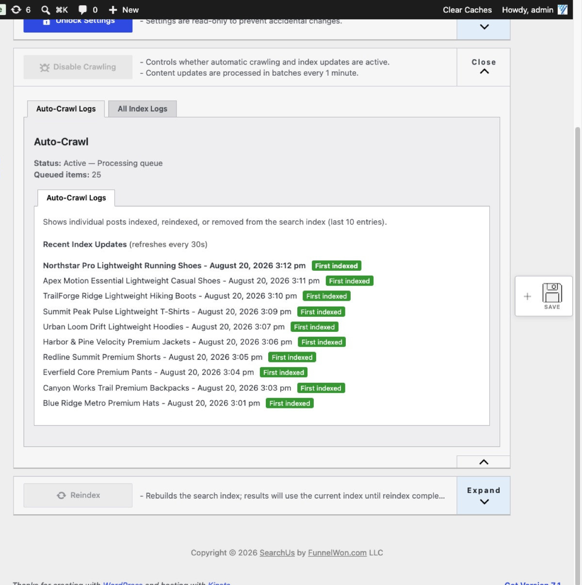 SearchUs Auto-Crawl logs showing first indexed and removed-from-index entries