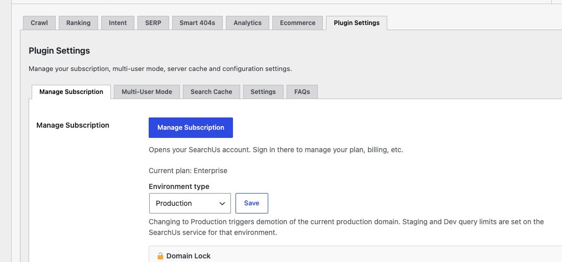 SearchUs cloud plan usage and Manage Subscription settings in WordPress admin