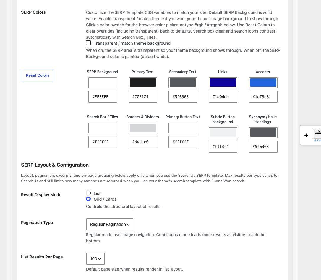 SearchUs SERP Layout color pickers and grid layout options