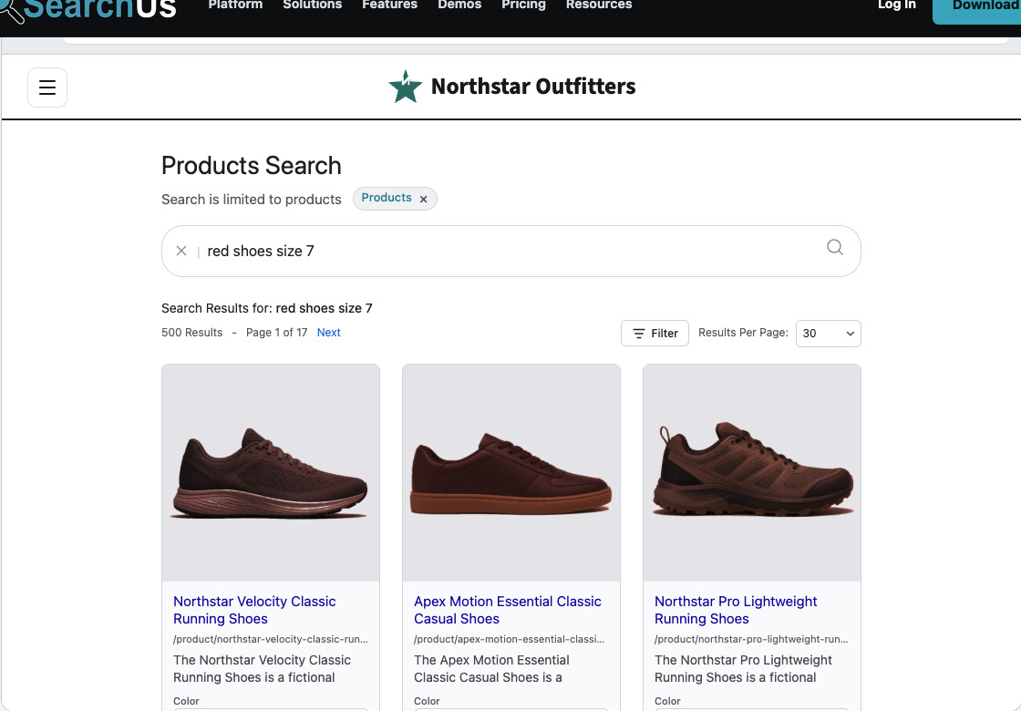 SearchUs demo browser showing Northstar Outfitters SERP for red shoes size 7