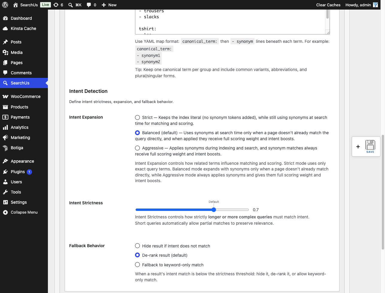 SearchUs Intent Expansion, Strictness, and Fallback Behavior settings