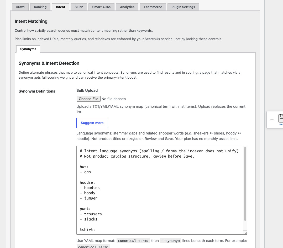 SearchUs Intent Synonyms settings in WordPress admin