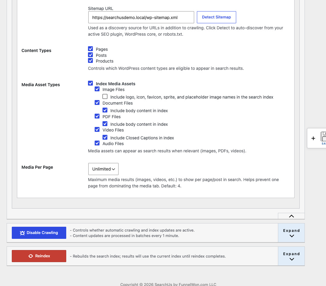 SearchUs Crawl Inclusion media asset types settings