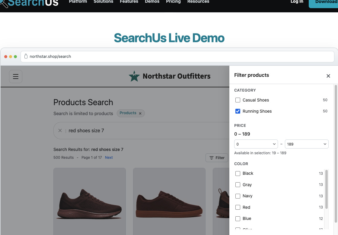 SearchUs demo browser with Filter products panel for red shoes size 7