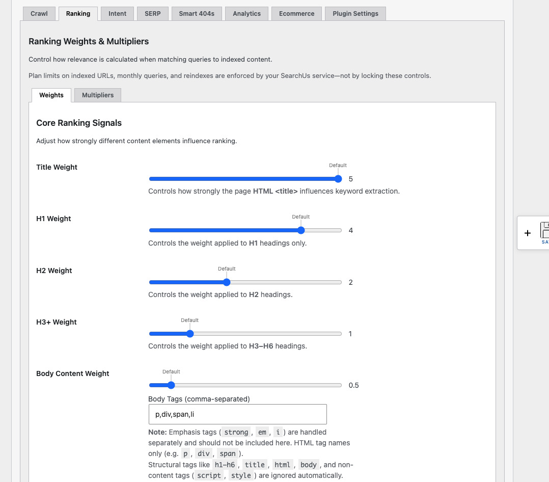 SearchUs Ranking Weights sliders for title and heading signals