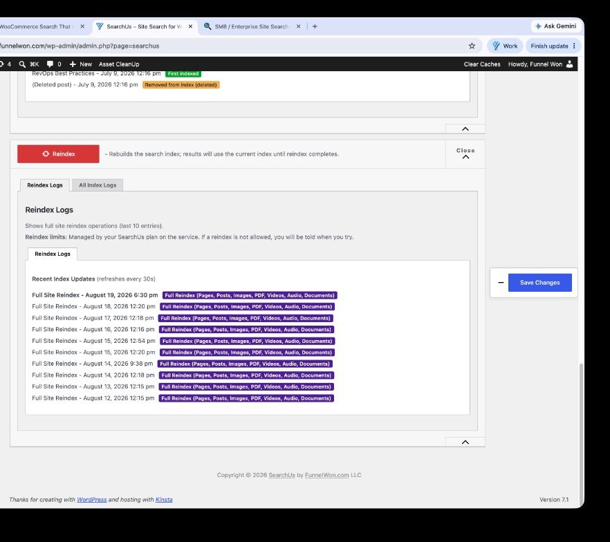 SearchUs Reindex logs listing full site reindex operations