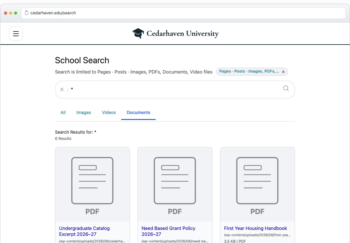 Cedarhaven University demo browser Documents tab showing PDF search results for *