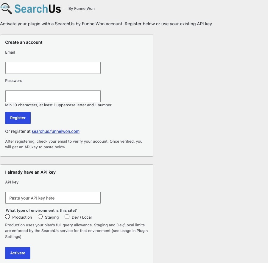 SearchUs activation screen with Create an account and I already have an API key sections