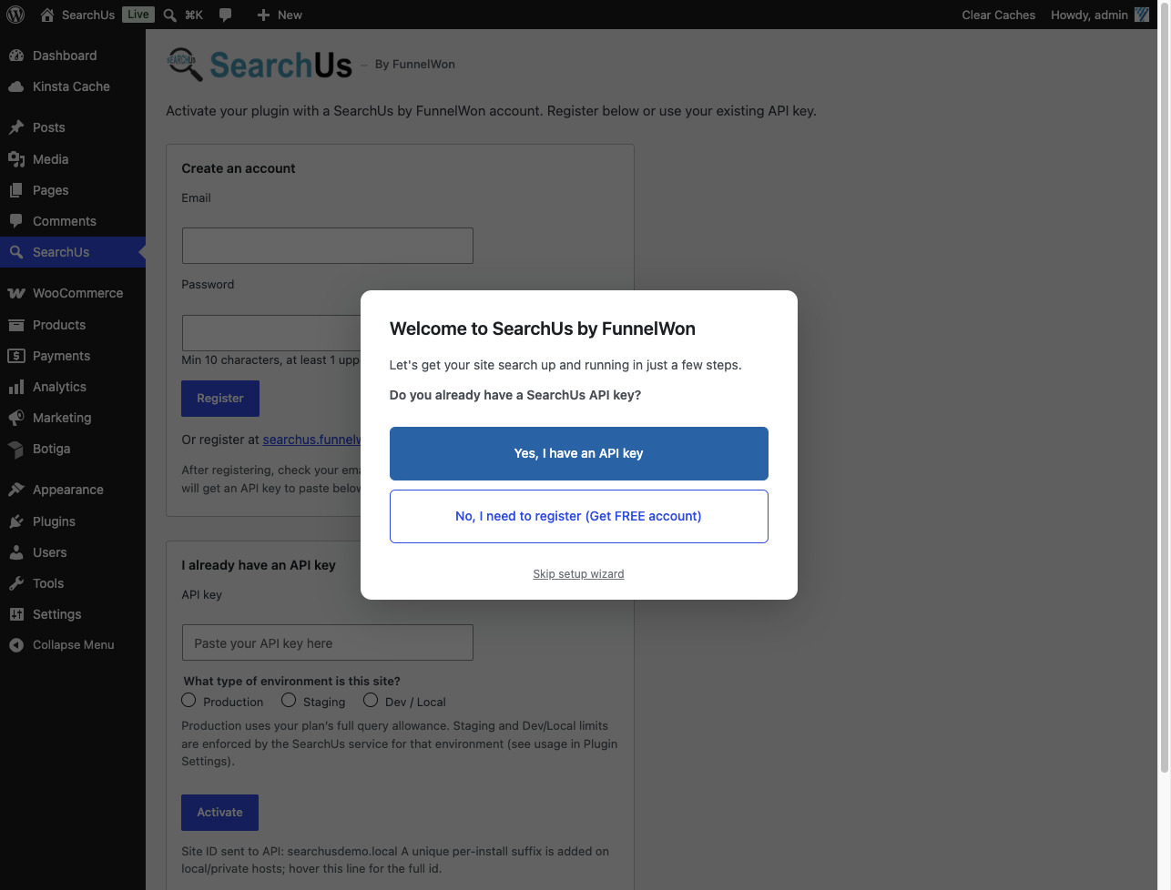 SearchUs welcome modal in WordPress admin at natural size