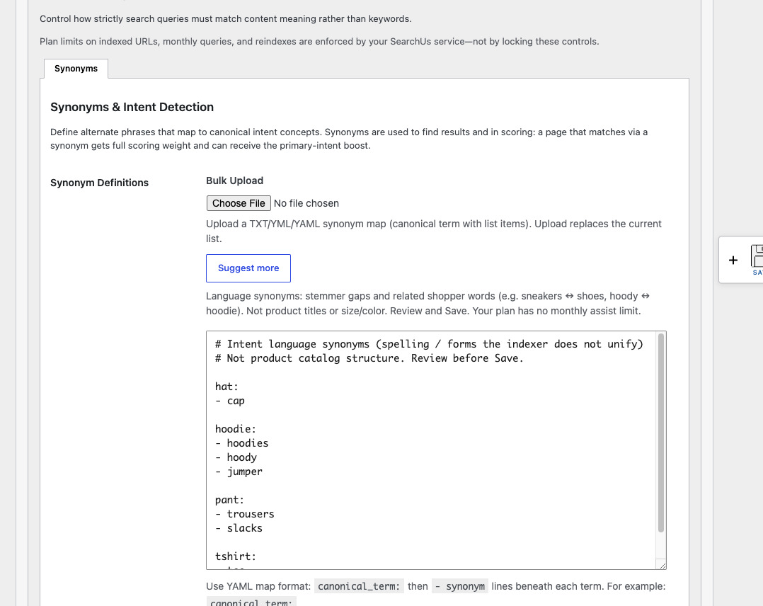 SearchUs Intent Synonyms editor with YAML synonym map