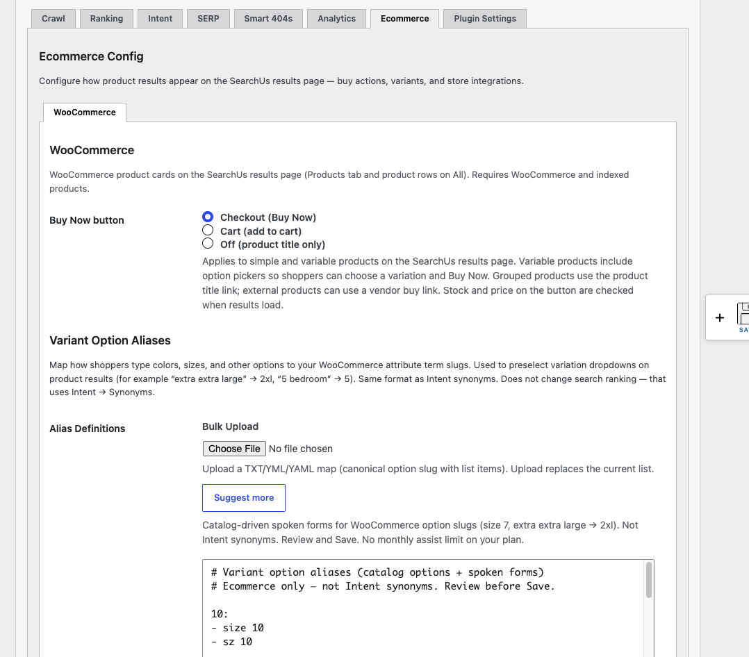 SearchUs WooCommerce Variant Option Aliases YAML editor on a WooCommerce-enabled site