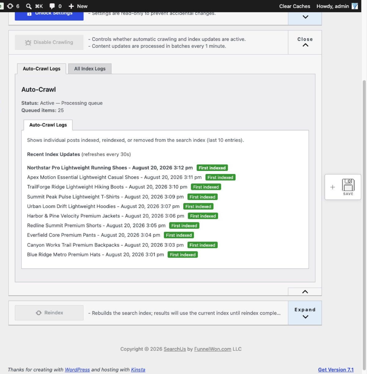 SearchUs Auto-Crawl logs and Disable Crawling controls in WordPress admin