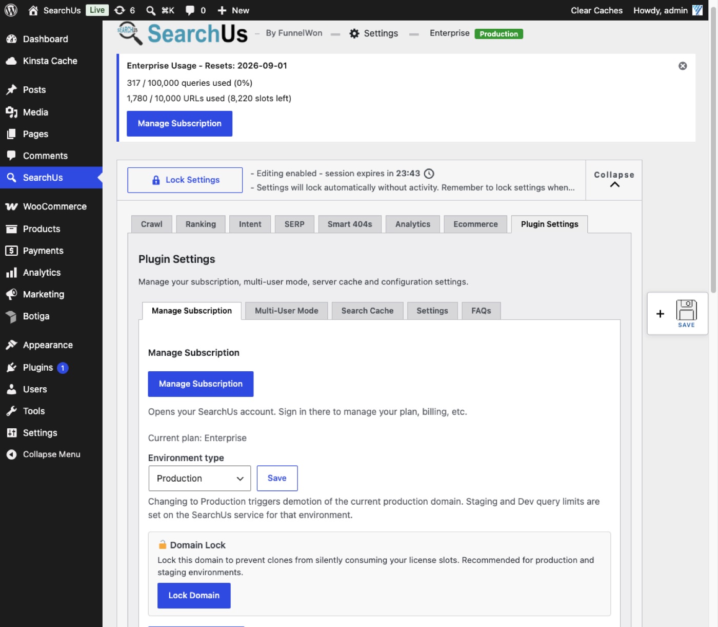 SearchUs cloud plan usage and Manage Subscription settings in WordPress admin