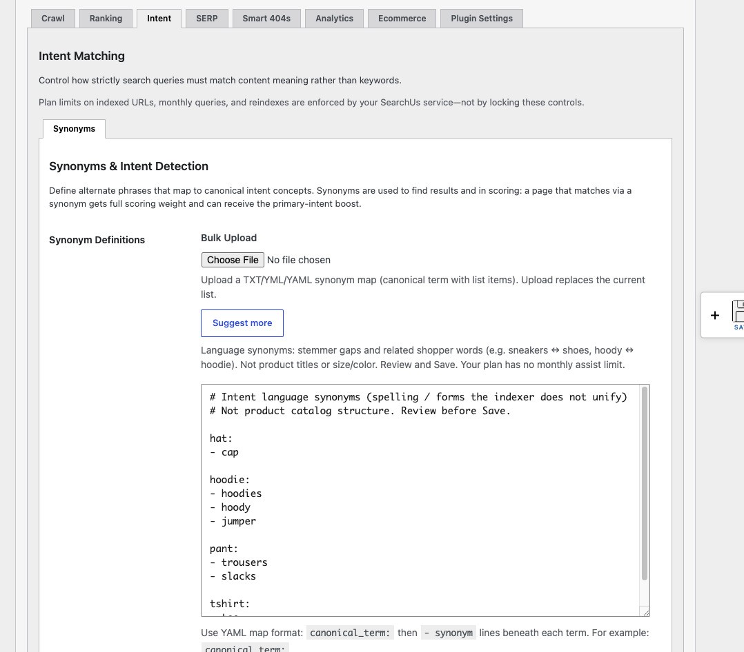 SearchUs Intent settings with synonym definitions in WordPress admin