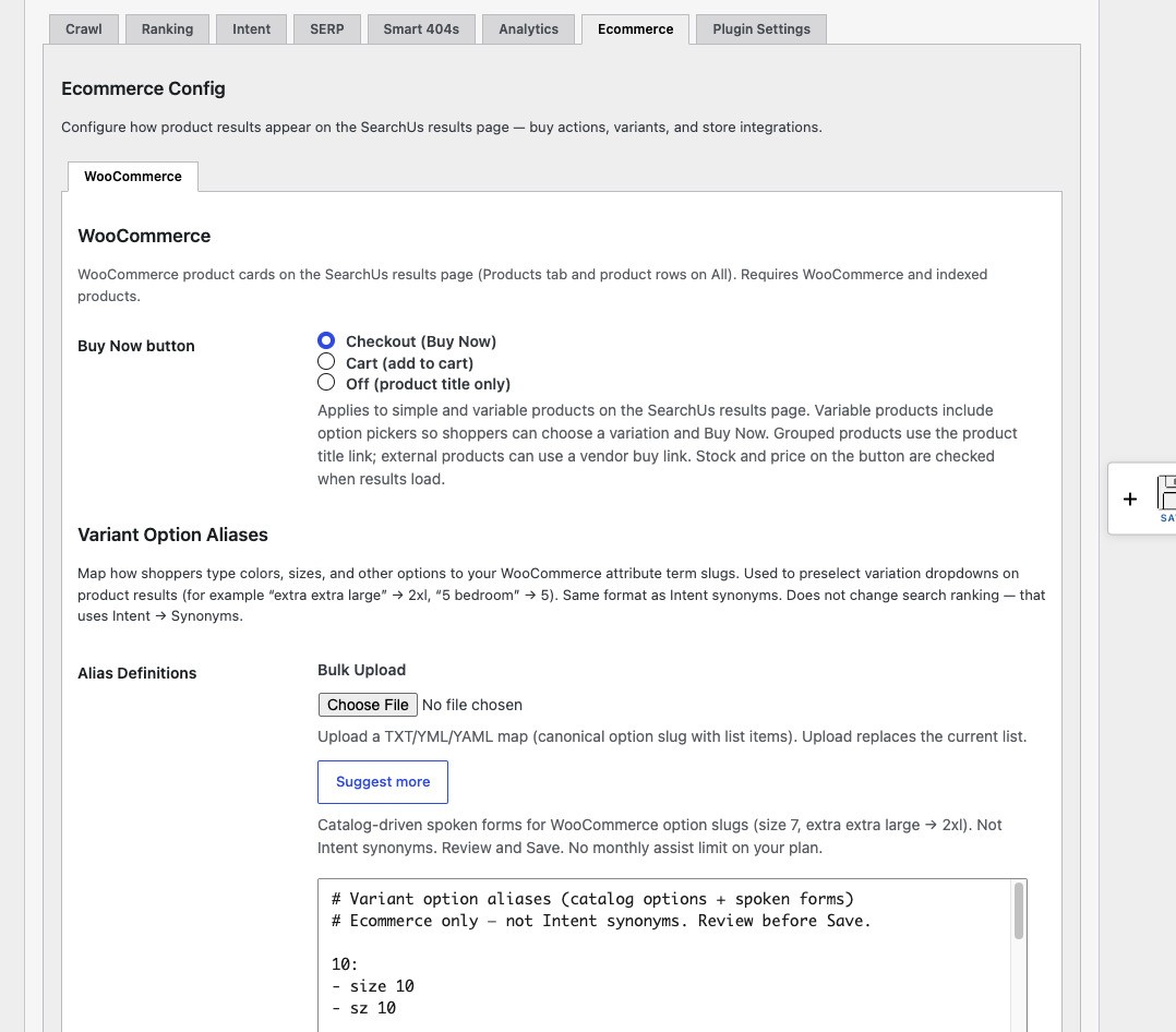 SearchUs Ecommerce WooCommerce variant option aliases in WordPress admin