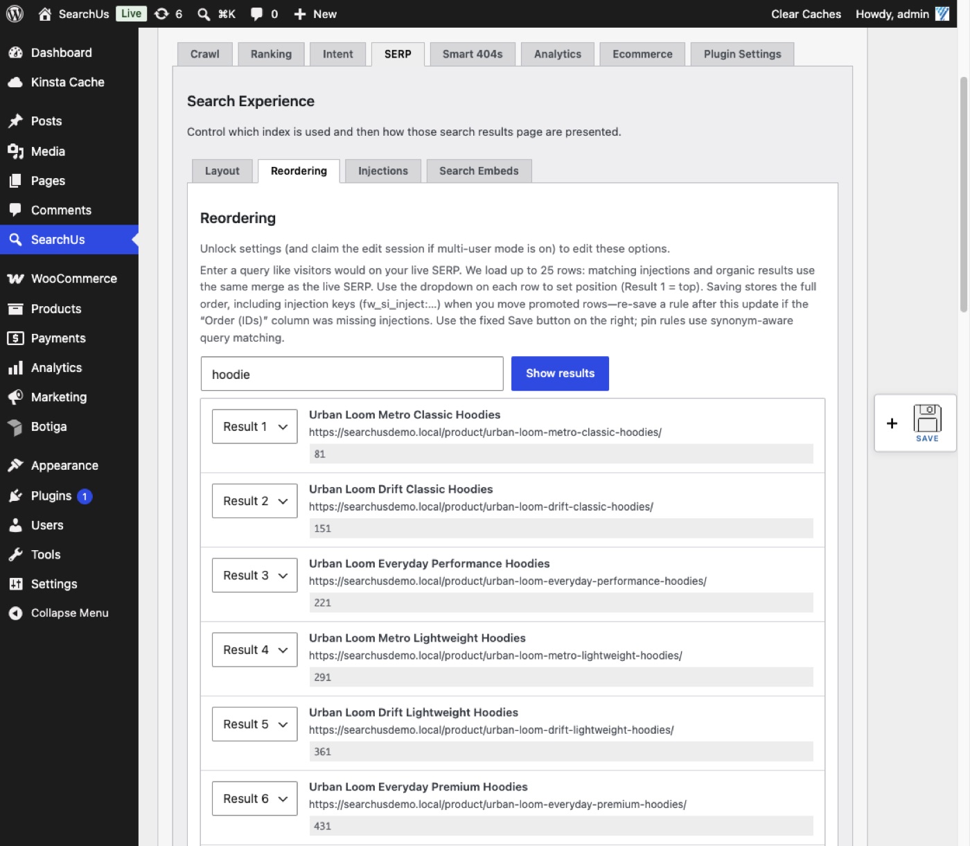 SearchUs SERP Reordering curated results controls in WordPress admin