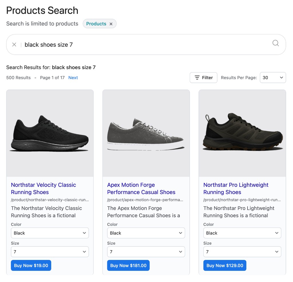 SearchUs WooCommerce product search results for black shoes, with color and size selectors and Buy Now buttons.