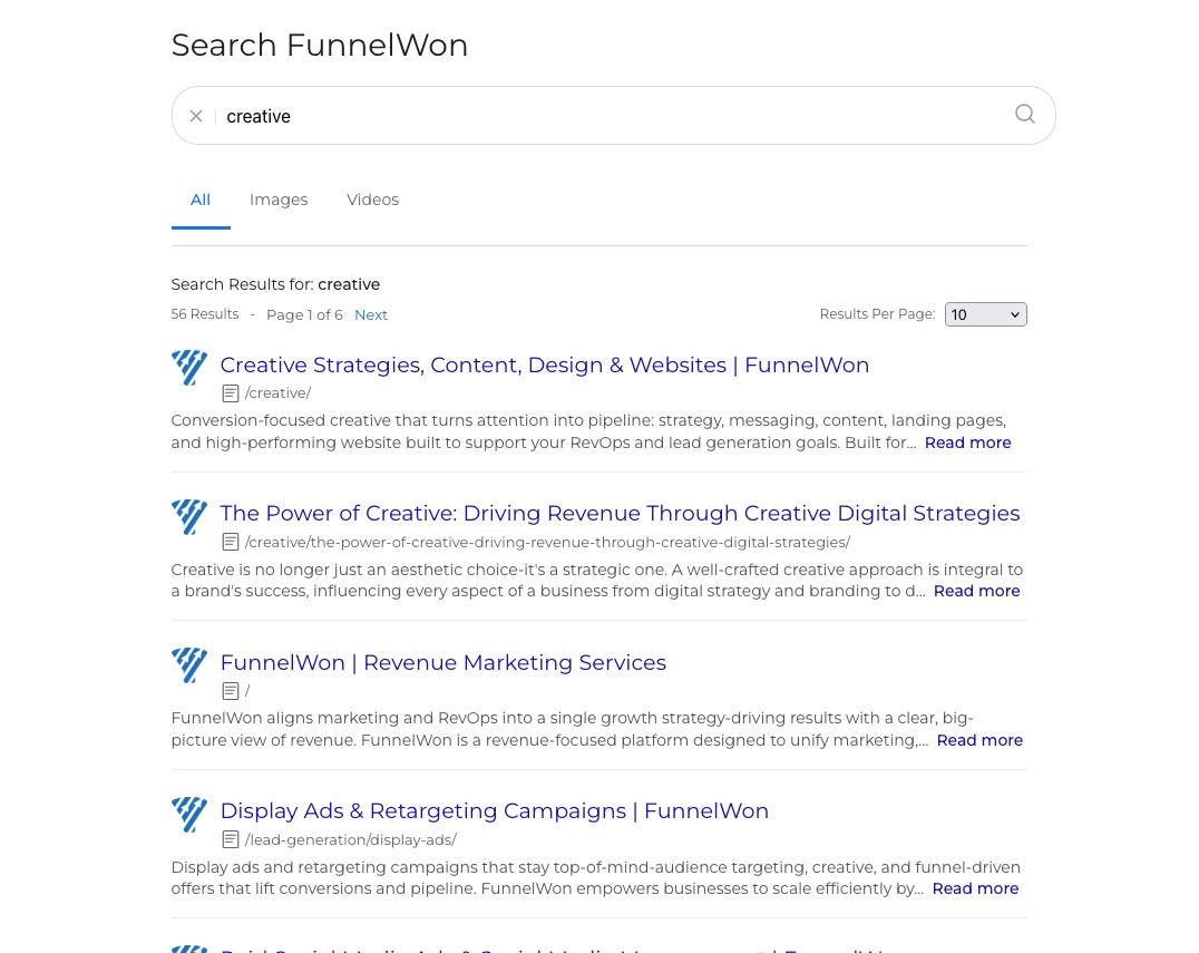 WordPress search results with media and document tabs.