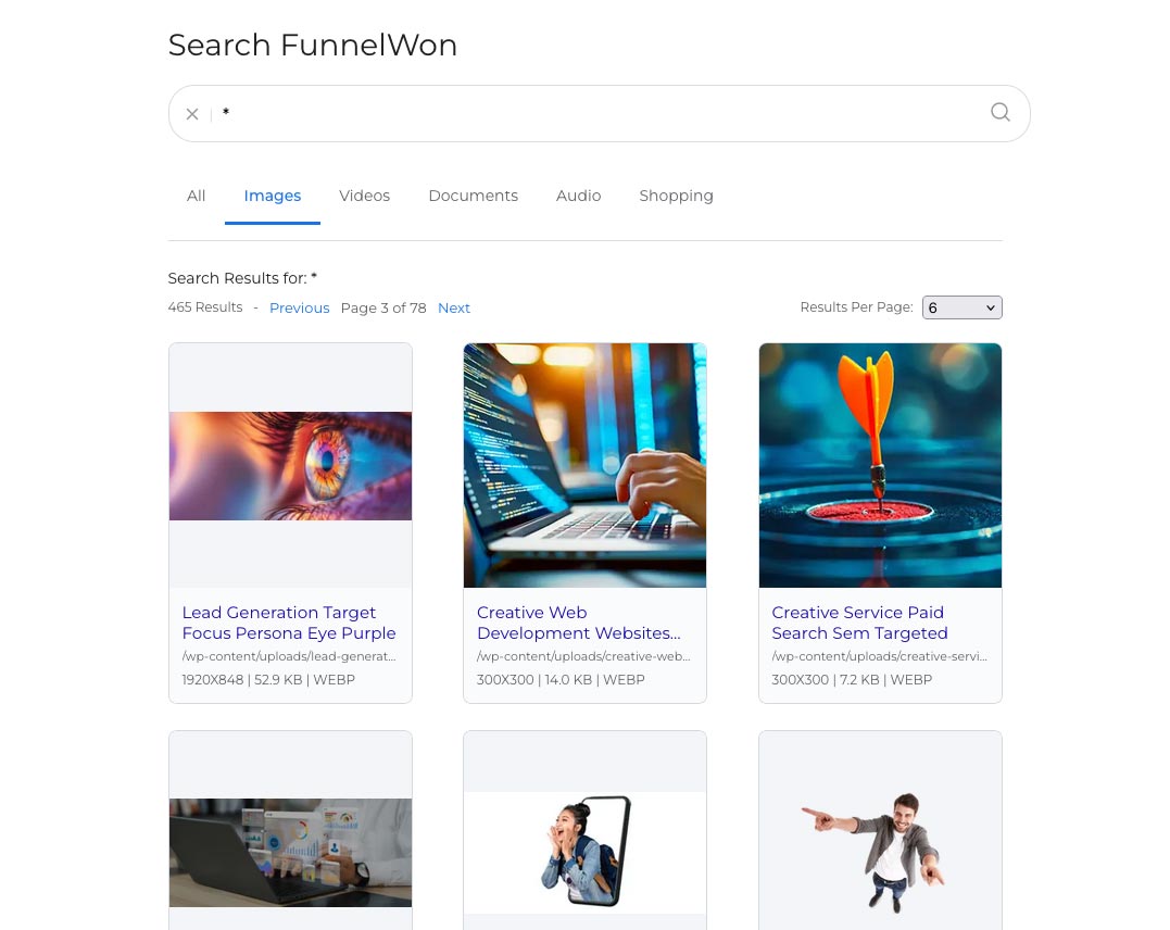 SearchUs media search results showing indexed images