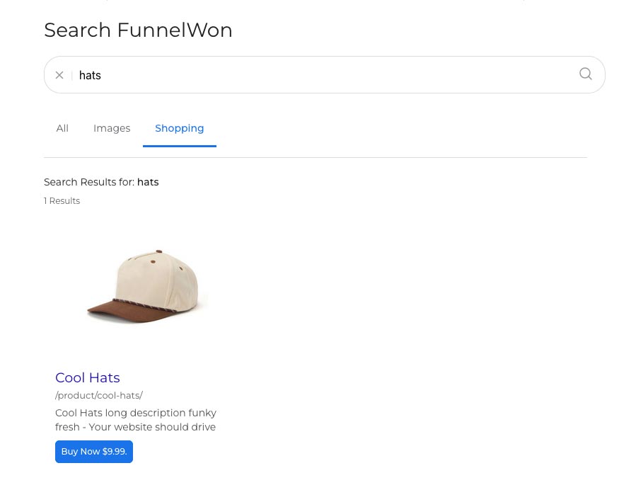 WooCommerce search results on the SearchUs Products tab.