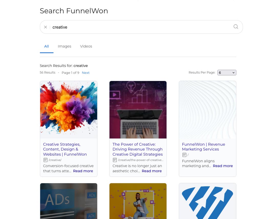 SearchUs search results page in tile/grid view with result cards.